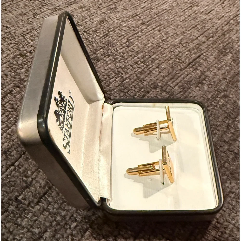 Vintage Stafford Gold Tone Rhinestone Rectangle Enamel Cufflinks Original Box